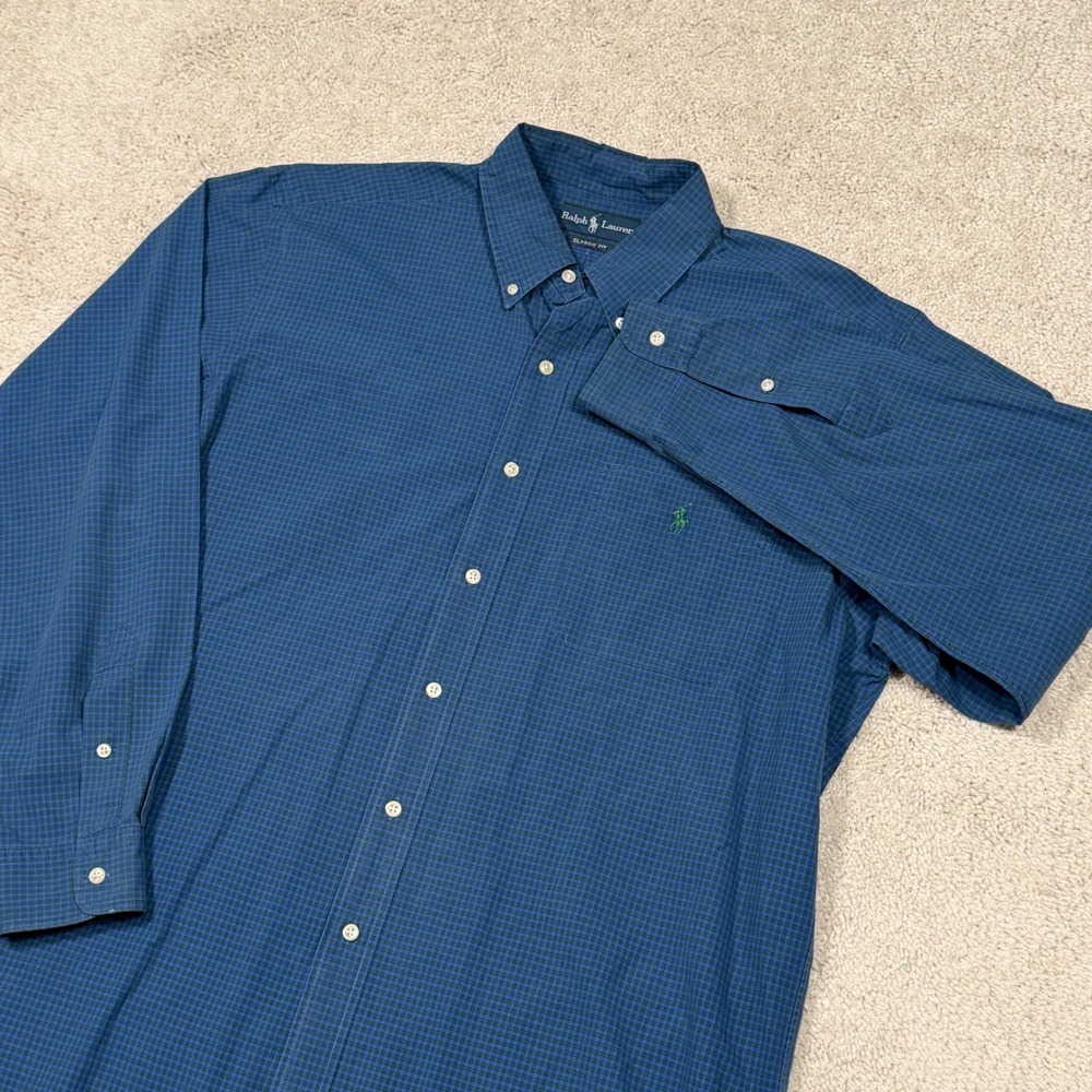VTG Ralph Lauren Mens Classic Fit Blue Green Micro Check Button Down Shirt L
